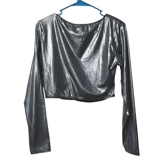 Halara Softlyzero Faux Leather Deep V Neck Cropped Meta Top Sz XL Crossover Hem - Picture 7 of 10